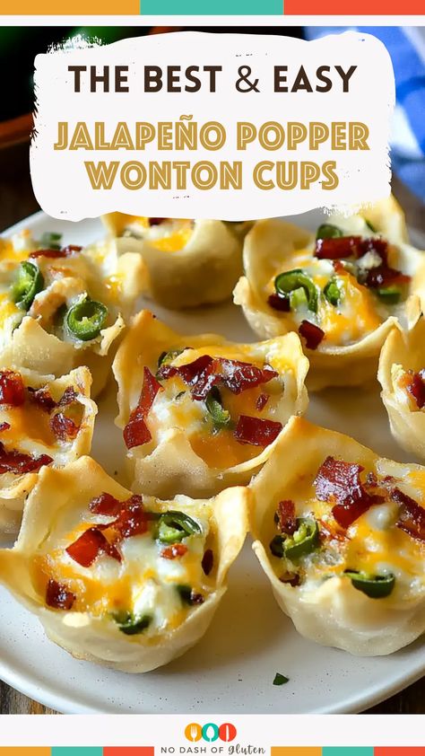 These Jalapeño Popper Wonton Cups are everything you love about jalapeño poppers, but in a crispy, bite-sized form. Creamy, cheesy, and with just the right kick, they’re easy to make and perfect for parties. Give them a try, and watch them disappear! Save this recipe and make it for your next gathering! Wonton Jalapeño Poppers, Jalapeño Popper Wantons, Wont Ton Wrapper Recipes, Wonton Jalapeno Cups, Wanton Cups Recipes, Wonton Cups Appetizers Sausage, Wonton Bites Appetizers, Wonton Wrapper Cups, Pimento Cheese Wontons