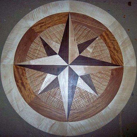 Hardwood Floor Medallion Inlays and Compass Roses Floor Inlay, 5 Point Star, Floor Medallion, Woodworking Design, Carved Wood Wall Art, Compass Design, Stenciled Floor, Unique Flooring, Painted Rug