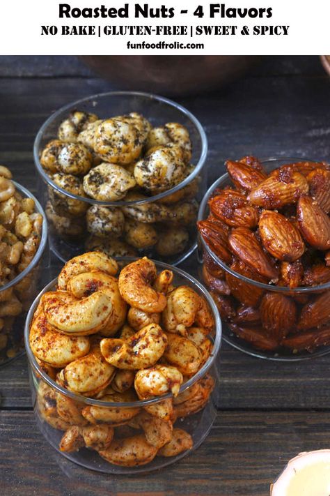 Roasted Nuts Recipe (4 Flavor Roasted Nuts) - Fun FOOD Frolic Roasted Nuts Recipe, Diwali Snacks, Spiced Almonds, Veg Snacks, Indian Appetizers, Diwali Food, Snack Mix Recipes, Vegetarian Snacks Recipes, Chaat Recipe