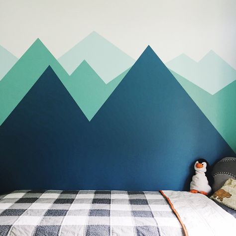 Boys bedroom painted mountain wall mural DIY and buffalo check quilt.     Sherwin Williams Bravo Blue, Sherwin Williams Spa, Sherwin Williams Freshwater, Sherwin Williams Cooled Blue, Sherwin Williams Loch Blue Spa Sherwin Williams, Playroom Painted Walls, Sherwin Williams Spa, Wall Mural Diy, Kids Bedroom Paint, Buffalo Check Quilt, Check Quilt, Boy Room Paint, Mural Diy