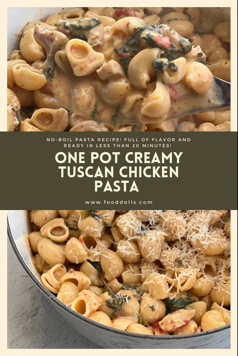 This one pot wonder is so creamy and full of flavor! We add chicken to give it some protein, feel free to keep it out if you prefer it meatless! #FoodDolls #pasta One Pot Tuscan Chicken, One Pot Creamy Chicken Pasta, High Protein Tuscan Chicken Pasta, One Pot Creamy Tuscan Chicken Pasta Food Dolls, One Pot Creamy Pesto Chicken Pasta, Tuscan Chicken Pasta, Creamy Pasta Recipes, Tuscan Chicken, Dutch Oven Recipes