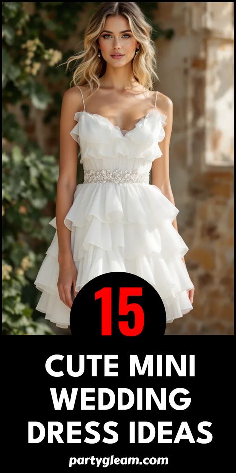 Searching for the perfect mini wedding dress that radiates charm? Look no further! We've gathered 15 delightful mini wedding dress ideas that will truly wow your guests. Imagine yourself twirling in ruffled tiered mini dresses and playful styles that are both stylish and flirtatious. These dresses are perfect for a modern bride wanting a unique twist at her wedding. From chic and simple to romantic and fun, this list has something for everyone. Say 'I do' in style with mini bridal dresses that will leave a lasting impression! Vegas Elopement Dress Fun, Short Wedding Dresses For Reception, Boho Short Wedding Dress, Short Wedding Dress Elegant, White Short Wedding Dress, Hi Low Wedding Dress, Short Bridal Gown, Mini Wedding Dress, Short White Dress Wedding