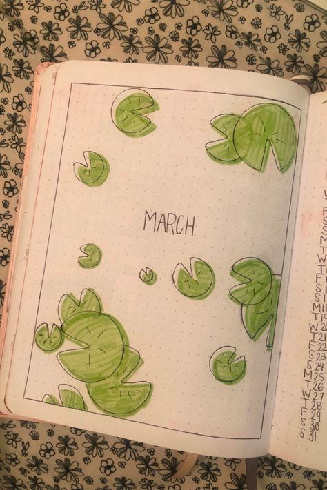 Spring, frog lily pad cover page for march in my bullet journal March Journal Cover Page, March Journal Spread, Cover Page Drawing Ideas, Spring Bullet Journal Cover, March Calendar Doodles, Journal March Ideas, Bujo Frog Theme, March Reading Journal, March Journal Page