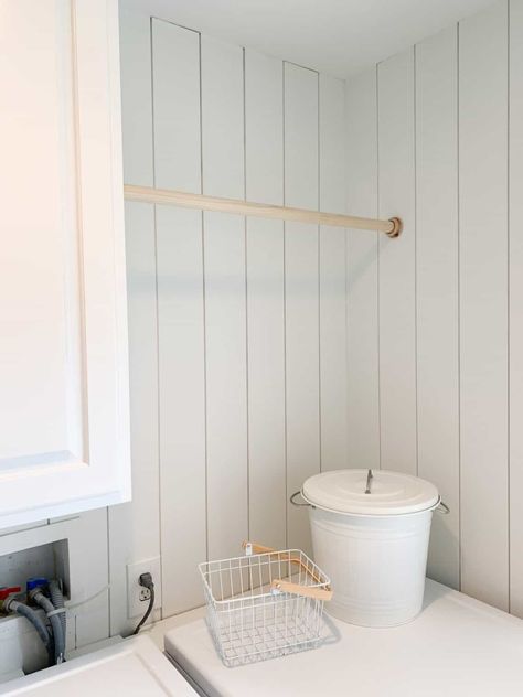 Vertical shiplap in a functional laundry room and mudroom. Check out this post for how to install the vertical shiplap and all the details on creating the affordable laundry and mudroom storage. #mudroom #shiplap #laundryroom Vertical Shiplap In Laundry Room, Laundry Room Panel Wall, Vertical Shiplap Wall Laundry Room, Paneling In Laundry Room, Vertical Shiplap Laundry Room, Laundry Room Paneling, Laundry Room Wall Paneling, Bead Board Laundry Room Walls, Laundry Room Shiplap Wall