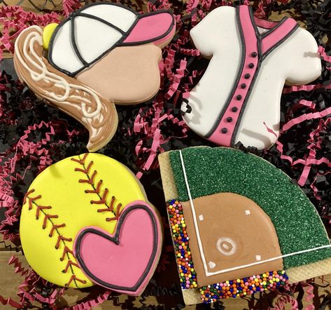 Softball Birthday Cookies, Softball Decorated Cookies, Softball Cookies Decorated, Softball Cookies, Softball Party, Custom Softball, Baking Goods, Decorating Cookies, Birthday Stuff