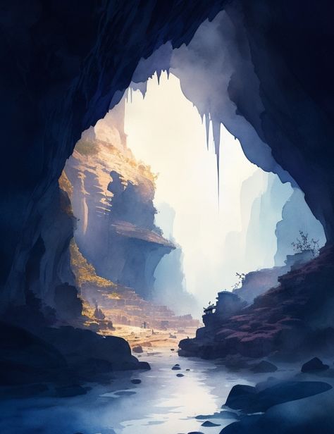 Cave Opening Illustration, Magical Cave Illustration, Inside Cave Drawing, Cavern Drawing, Volcano Concept Art, Cave Drawing Illustration, Cave Digital Art, Cave Sketch, Cave Watercolor