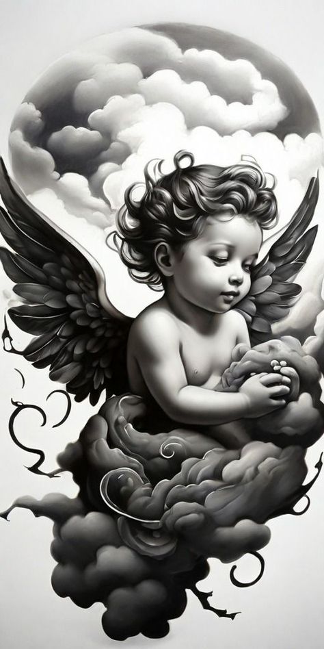 Engel Tattoo Design, Baby Angel Tattoo Designs, Cherub Tattoo Designs, Guardian Angel Tattoo Designs, Angle Tattoo, Forearm Cover Up Tattoos, Baby Angel Tattoo, Cherub Art, Guardian Angel Tattoo