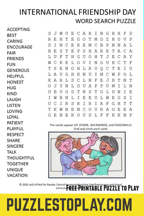 Friends are forever! The International Friendship Day is recognizing all those best friends in your word! The Friendship word search is a printable puzzle free for you and your friend to play!! Friendships Worksheets, Worksheets About Friendship, International Friendship Day Activities, Friendship Word Search, Find The Words Puzzle, Finding Words Puzzle, Spelling Bee Words, Friendship Words, Learning Websites For Kids