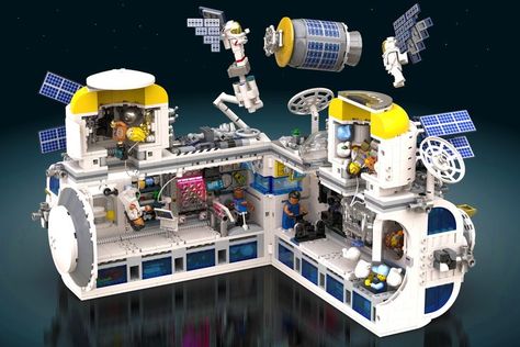 Please take a look at the details of this minifig-scale imaginary space station full of detailed, replaceable wall panels, robot arm, satellite, and compatibility with existing LEGO CITY space sets! For other MOCs, check out my portfolio. Thank you for your visit! Lego Space Station, Lego City Space, Lego Space Sets, Lego Structures, Big Lego, Make Your Own Story, Lego Pictures, Lego News, Lego Space