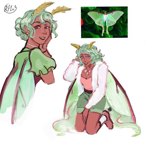 Luna Moth As A Human, Luna Moth Fairy Art, Luna Moth Oc Art, Plant Fairy Character Design, Fey Creatures Fantasy Art, Luna Moth Character Design, Bug Person Character Design, Moth Hybrid Human, Luna Moth Character