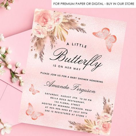 Baby shower butterfly pampas budget invitation #babyshower #babygirl #blushpink #butterfly #butterflies #rosegold #bohobohemianstyle #pampasgrass #floral #budgetinvitation Pampas Grass Invitation, Baby Shower Flyer, Rose Gold Boho, Luxury Baby Shower, Pink Pampas, Pink Pampas Grass, Butterfly Baby Shower Invitations, Baby Girl Shower Invitations