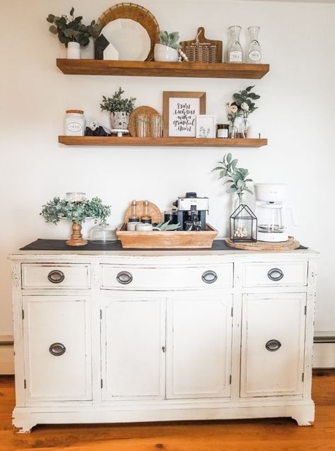 Small Buffet Cabinet Decor, Decor Above Buffet, Buffet Cabinet With Shelves Above, Buffet Table In Kitchen, Buffet Shelf Decor, Shelves Over Buffet Table, Picture Shelf Above Sideboard, Kitchen Cabinet Buffet, Small Buffet Table Ideas Decor