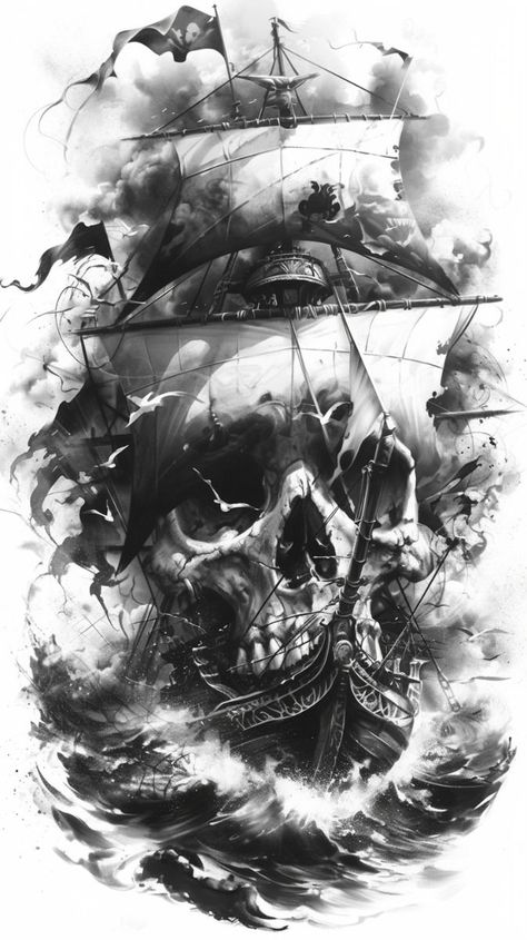 Pirate Tattoo Sleeve Men, Pirate Ship Back Tattoo, Black Beard Tattoo Pirate, Mens Sleeve Tattoo Ideas For Guys, Pirates Tattoo Design, Skull Ship Tattoo, Pirate Art Drawing, Pirates Tattoo Ideas, Pirate Hat Tattoo