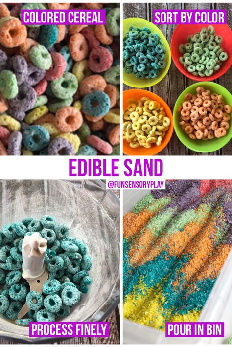 Edible Infant Activities, Fruit Loop Sand Art, Play Food Sensory Bin, Cereal Sensory Play, Infant Edible Sensory, Cheerio Sand Sensory, Eatable Sensory Play, Colorful Sensory Bin, Sensory Bins Edible