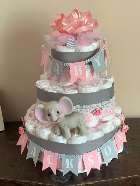 Diaper Cakes For Baby Girl, Cakes Baby Girl, Cake Elephant, Pamper Cakes For Baby Showers, Diaper Cake Girl, Pink And Gray Nursery Elephant, Pink Safari Diaper Cake, Elephant Diaper Cake, Pink Diaper Cakes