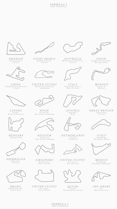 Formula 1 2024 schedule wallpaper #f1 #formula1 #wallpaper #f1wallpaper #racing #track #spa #monza #silverstone #mercedes #mclaren #redbull #redbullring Spa Track F1, F1 Track Tattoo, F1 Tracks Wallpaper, F1 Circuits 2024, F1 Car Mclaren, F1 2024 Wallpaper, F1 Track Poster, Formula 1 Ipad Wallpaper, F1 Symbol