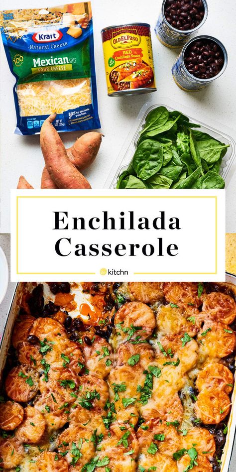 Recipe: 5-Ingredient Sweet Potato Enchilada Casserole — Recipes from The Kitchn Sweet Potato Enchilada Casserole, Cheese Enchilada Casserole, Vegetarian Enchilada, Vegetarian Enchilada Casserole, Enchilada Casserole Recipes, Sweet Potato Slices, Vegan Recipes Beginner, Cheese Enchiladas, Red Enchilada Sauce