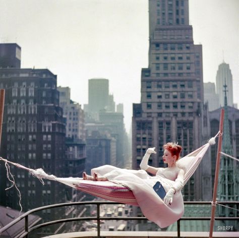 Dancer-actress Gwen Verdon in a hammock wearing a ballgown on NYC rooftop (c.1953) - Imgur Gwen Verdon, Shorpy Historical Photos, Nyc Rooftop, Look Magazine, Steve Mcqueen, Commercial Photographer, Harper's Bazaar, Photo Archive, D Day