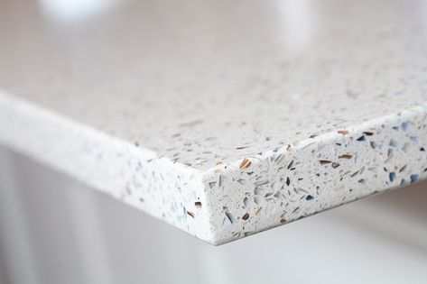 Ocean shell GEOS recycled glass countertop Terrazzo Kitchen Countertops, Terrazzo Ideas, Command Room, Eco Office, Terrazzo Countertop, Terrazzo Kitchen, Cozy Kitchens, Compost Container, Recycled Glass Countertops