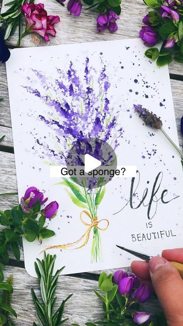 Mary Wu | Aspiring Watercolor & Flower Preservationist on Instagram: "If you can tap with a sponge… you can paint this!  💜 full length video with directions for subscribers💜  Relax! Life is beautiful! — David L. Wolper  Easy lavender inspired flowers using a sponge… I used a natural sponge but any sponge would work… play around with your sponge and see which angle is best 🤗  Materials used: Size 1 detail brush @goldenmapleart  Watercolor paper @strathmoreart  Watercolor paints @artezaofficial  Black pen and brush @pentalicart   2 Corinthians 4:16 Therefore we do not lose heart. Though outwardly we are wasting away, yet inwardly we are being renewed day by day." Mary Wu, Q Tip Art, Watercolour Cards, Natural Sponge, Watercolor Birthday Cards, Sponge Painting, Watercolor Birthday, Colors Art, Wreck This Journal