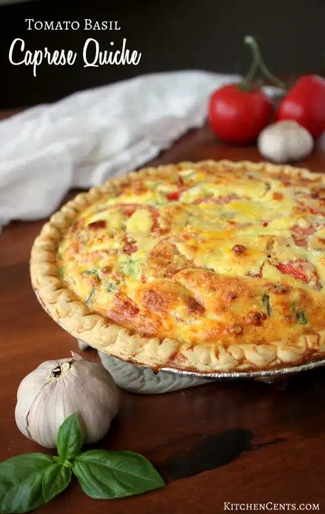 Must-Try Tomato Basil Caprese Quiche | Kitchen Cents Tomato Basil Quiche, Basil Quiche, French Quiche, Gingham Apron, Breakfast Quiche Recipes, Quiche Recipes Easy, Bacon Quiche, Spinach Quiche, Breakfast Quiche