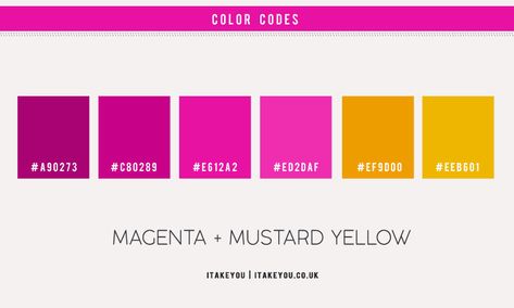 Magenta Color Scheme { Magenta and Mustard Yellow } I Take You | Wedding Readings | Wedding Ideas | Wedding Dresses | Wedding Theme Magenta Mustard Color Palette, Magenta And Yellow Wedding, Magenta Yellow Color Palette, Mustard Color Combinations, Magenta Color Combinations, Mustard Colour Combination, Hot Pink Bedrooms, Magenta And Yellow, Mustard Walls