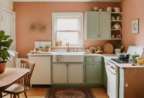 44 Chic Vintage Kitchen Decor Ideas That You’ll Love in 2024 1936 Kitchen, 1920s Kitchen Remodel, Vintage Kitchen Decor Ideas, 1950 Kitchen, 1920s Kitchen, 1930s Kitchen, Pink Accent Chair, Moody Wallpaper, Sweet Kitchen