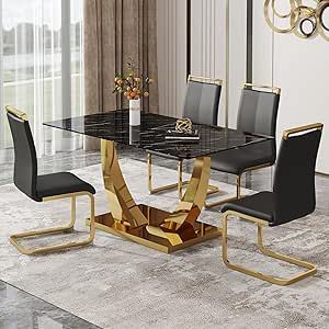 Rectangle Kitchen Table, Modern Kitchen Tables, Leather Chairs, Dining Room Table Set, White Table Top, Kitchen Table Settings, Gold Chrome, Leather Dining Chairs, Leather Dining