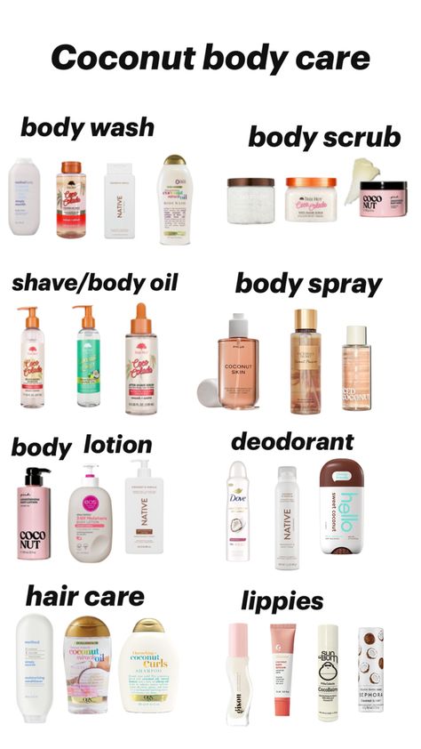 Pick your fav coconut body care items Body Care Routine Smell Good, Hygiene Products Coconut, Best Body Care Routine, Coconut Hygiene Products, Body Products Aesthetic, Vanilla And Coconut Body Care, Coconut And Vanilla Shower Routine, Self Care Products Hygiene List, Best Body Care Products