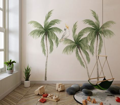 Tropical Wall Stickers, Tropical Wall Decals, Tropical Leaves Wallpaper, Space Themed Room, Palm Trees Painting, Kids Wall Decals, Sticker Mural, Leaf Wallpaper, Wall Decal Sticker