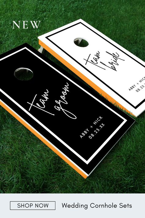 Personalized Wedding Cornhole Sets - great for outdoor weddings to keep guests busy before the reception. Makes a sweet momento of the day afterwards! Team Groom or Team Bride, whose side are you on? Cornhole Boards Diy Wedding, Team Bride Team Groom Games, Mr And Mrs Cornhole Boards, Cornhole Wedding Boards, Cornhole Boards Designs Wedding, Corn Hole Boards Wedding, Wedding Corn Hole Boards, Cornhole Boards Wedding, Wedding Corn Hole