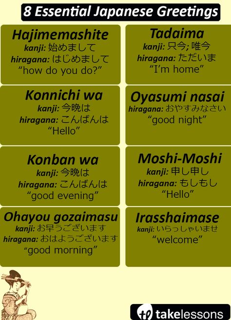 japanese greetings: ohayou gozaimasu, konnichi wa, moshi-moshi, and more. Japanese Common Phrases, Greeting In Japanese, How To Introduce Yourself In Japanese, Japanese Introduce Yourself, Common Japanese Words, Greetings In Japanese, Ohayou Gozaimasu, Japanese Greetings, Words In Different Languages