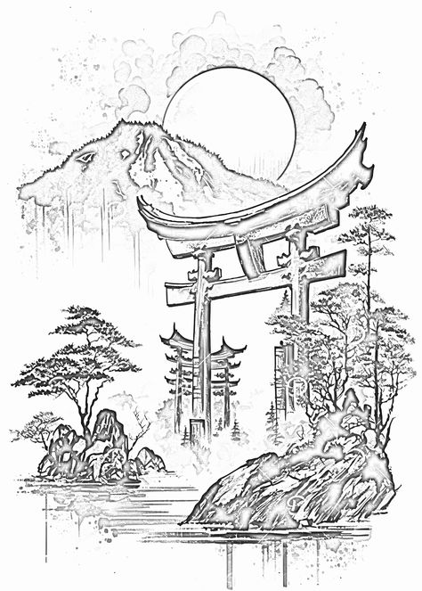 Torri Gate Tattoo, Tori Gate Tattoo, Torii Gate Tattoo, Anime Sleeve, Tori Gate, Beautiful Japanese Gardens, Harry Potter Art Drawings, Half Sleeve Tattoos Drawings, Samurai Tattoo Design