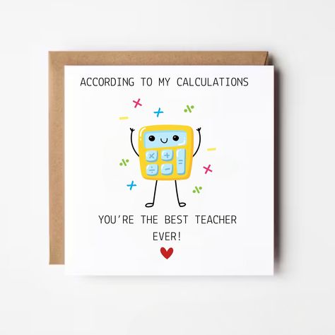 Say 'thank you' to your favourite Maths teacher with our card! Featuring a cute calculator design, it's the perfect way to make them laugh. This fully customisable card is printed on soft touch 350gsm matt cardstock and comes with a brown kraft envelop. Packaged in a clear cellophane and dispatched in a rigid mailer. *CARD SIZE*: measures 148x148mm (approx 6x6"). *PERSONALISATION*: This card can be personalised with your own choice of name on the front and an optional inside message. Just select Cute Teacher's Day Card, Cards For Maths Teachers, Teachers Day Card For Professor, Teachers Day For Maths Teacher, Greetings Card For Teachers, Funny Birthday Cards For Teachers, Teachers Day Card For Economics Teacher, Computer Teacher Card, Thank You Maths Teacher Card