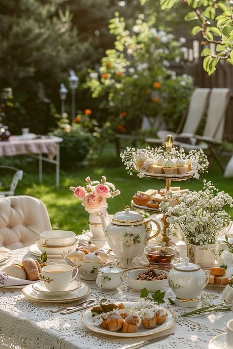 Tee Party Birthday, English Tea Garden Party, Simple Garden Birthday Decor, Graduation Party Garden, Tea Party Ideas Adults, French Decor Party, French Style Tea Party, High Tea Picnic Garden Parties, Birthday Afternoon Tea Party Ideas