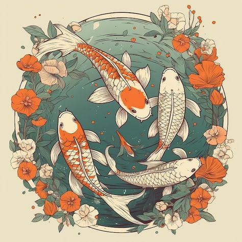 Koi Fish Poster Aesthetic, Chinese Fish Illustration, Japanese Pond Drawing, Art Nouveau Koi Fish, Koi Fish Color Palette, Koi Fish Artwork, Anime Koi Fish Aesthetic, Chinese Fish Drawing, Koi Fish Pfp