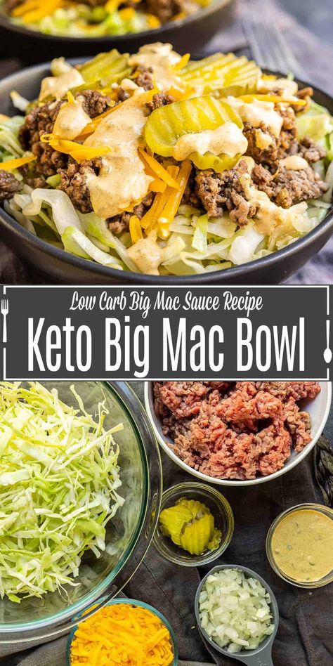 This Keto Big Mac Bowl is an easy keto lunch or dinner recipe made with ground beef, special sauce, cheese, pickles, and cabbage. You can make it a low carb salad by using lettuce instead! Make a low carb burger bowl for dinner this week and enjoy all of the flavor of a Big Mac without all of the carbs! Feel free to use lettuce instead of cabbage for a delicious big mac salad! Big Mac Bowl, Keto Big Mac, Homemade Big Mac Sauce, Easy Keto Lunch, Big Mac Sauce Recipe, Mac Sauce Recipe, Burger Bowl, Cheese Pickles, Big Mac Salad