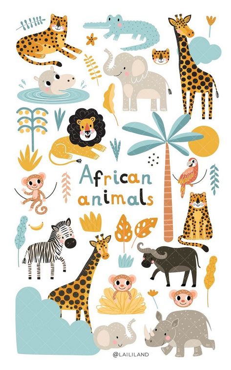 Jungle Jive: Illustrated Animal Stickers Cute Jungle Animals, Nursery Decor Prints, Jungle Wall Art, Safari Animals Nursery, Wildlife Decor, Animal Nursery Decor, Kids Fabric, African Animals, Animal Clipart