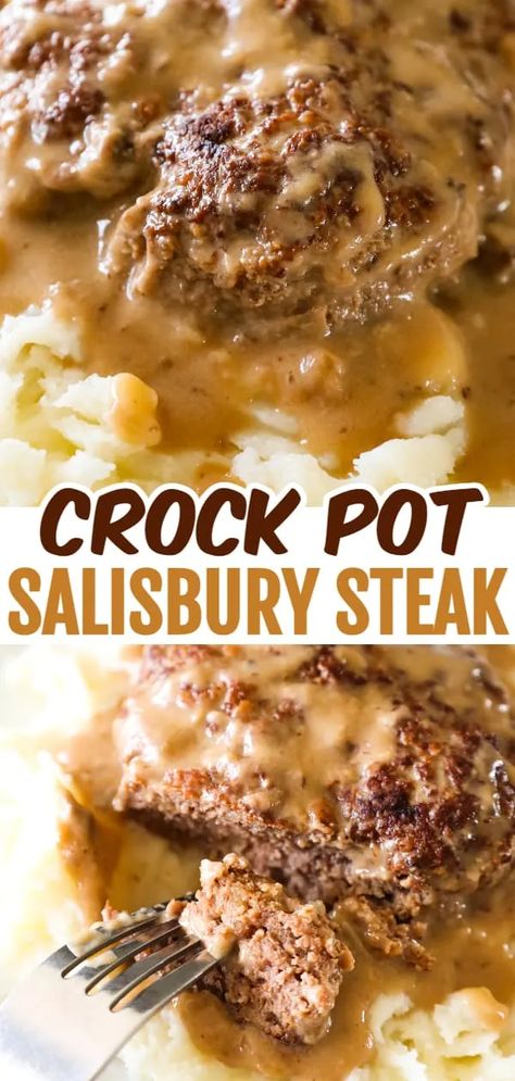 Crock Pot Salisbury Steak Slow Cooker, Crockpot Dinner For Picky Eaters, Country Steak And Gravy Crock Pot, Hamburger Meat Recipes Easy Crock Pots, Crock Pot Ideas With Hamburger Meat, Chopped Steak In Crock Pot, Slow Cook Salisbury Steak, Hamburger Steak Slow Cooker, Slow Cooker Recipes For Fall