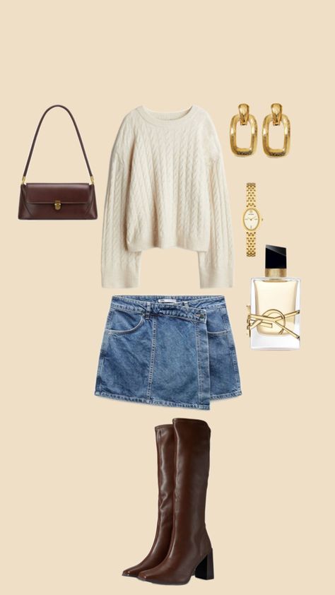 Cream sweater,Jean skirt,brown leather boots,brown bag,ysl perfume,gold jewelry Leather Jeans Outfit, Brown Leather Skirt Outfit, Brown Boots Outfit, Ysl Perfume, Brown Leather Skirt, Leather Skirt Outfit, Leather Jeans, Brown Leather Bag, Thanksgiving Outfit