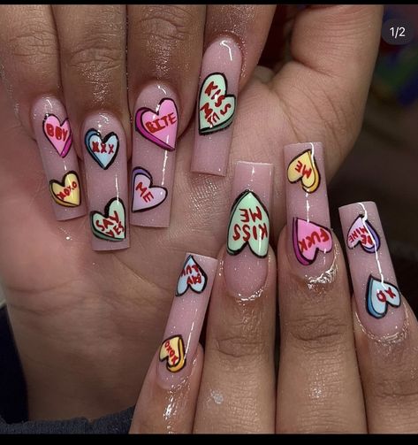 Heart Candy Nails, Candy Heart Nails, Hearts Nails, Vday Nails, Candy Nails, Heart Nail, Candy Hearts, Summer Acrylic Nails, Heart Nails