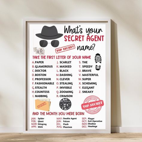 Ignite excitement with "Secret Agent Badges," essential for every aspiring spy. Create your undercover identity with the "Secret Agent Name Generator." Perfect for a thrilling "Spy Birthday Party," this kit includes a "Detective Party Game" to challenge guests. Add mystery to your Secret Agent Escape Room Game, designed for interactive fun. Transform your space with this Spy Party Decor sign to immerse everyone in a world of espionage and intrigue.  ✏️ WHAT YOU WILL RECEIVE --------------------- Detective Party Games, Secret Agent Decorations, Kids Spy Party, Detective Party Decorations, Spy Party Ideas, Spy Party Decorations, Detective Theme Party, Mystery Decorations, Secret Agent Games