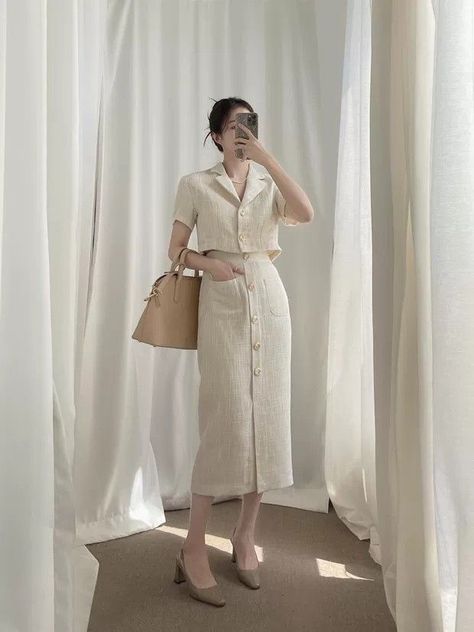 Two Piece Skirt Set Summer, Tweed Two Piece, Long Skirt Suits, Sets Summer, Ladies Short Jackets, Skirt Sets, Cropped Blazer, Solid Clothes, Short Jacket