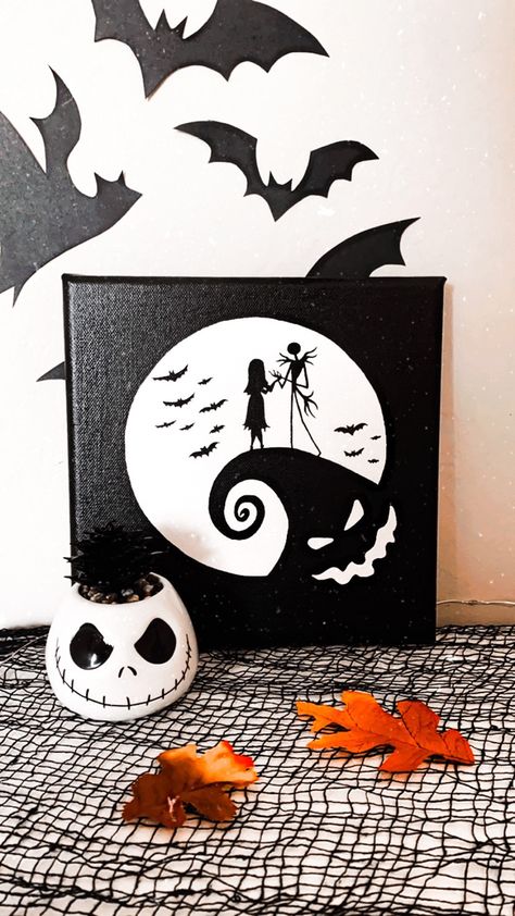 Spooky Couples Painting, Halloween Couple Paintings, Nightmare Before Christmas Painting Easy Canvas, Nightmare Before Christmas Art Paintings, Easy Nightmare Before Christmas Painting, Night Mare Before Christmas Paintings, Pumpkin Painting Creative, Spooky Art Paintings, Halloween Paintings On Canvas Ideas