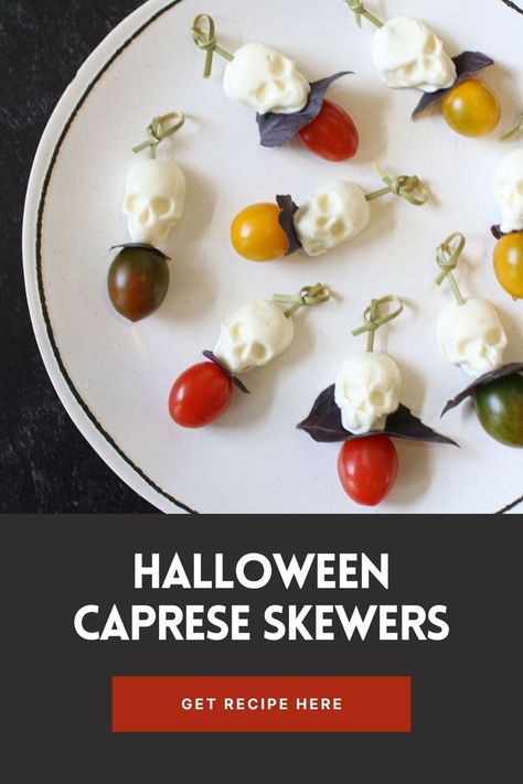 Skeleton Caprese Salad, Halloween Cheese Platter Ideas, Halloween Antipasto Skewers, Skull Caprese Skewers, Halloween Canapes Ideas, Halloween Skewers Ideas, Spooky Caprese Salad, Halloween Party Orderves, Halloween Caprese Skewers