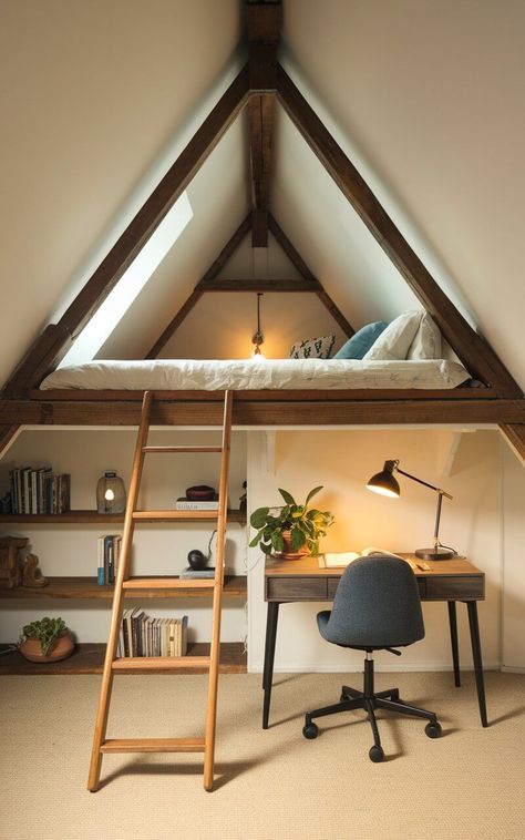 29 Cozy Attic Bedroom Ideas for a Dreamy Retreat Cool Attic Ideas, Attic Studio Ideas, Loft Sleeping Space, Cosy Loft Bedroom, Attic Chill Room, Cool Attic Rooms, Cosy Attic, Cozy Attic Bedroom, Frame Bedroom