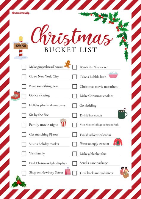 holiday, christmas, jolly, noel, bucket list, to-do, activities, ideas, date, family, fun, snow, snowman, gingerbread, santa Christmas Itinerary, Christmas Break Bucket List, Christmas Bucket List Aesthetic, Christmas Itenary, Holiday Bucket List Christmas, Bucket List Christmas Holiday, Winter Goals Bucket Lists, Christmas Bucket List Bullet Journal, Holiday Playlist