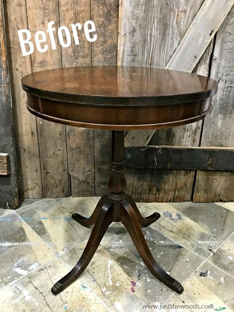 Painted Round Tables, Refinish Table, Refinish A Table, Before And After Furniture Makeover, Round Wood Accent Table, Drum Tables, Round Entry Table, Before And After Furniture, Painted End Tables