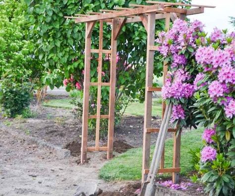 A DIY garden arch made with redwood Garden Arches Ideas Backyards, Rose Arches Garden, Garden Arches Ideas, Diy Garden Arch, Garden Arch Ideas, Arches Garden, Flower Arches, Garden Archway, Wooden Arbor