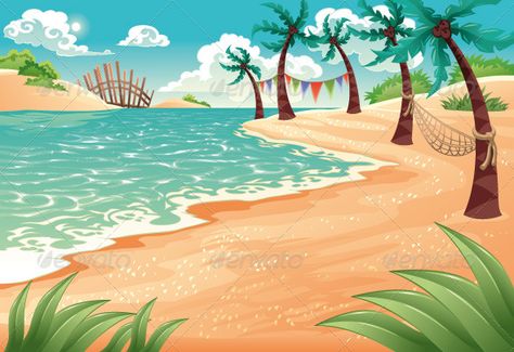 Cartoon seascape. Vector illustration Horizon Illustration, Beach Cartoon, Illustration Beach, Summer Vector, Island Landscape, Beach Illustration, Nature Ocean, Background Drawing, Beach Background